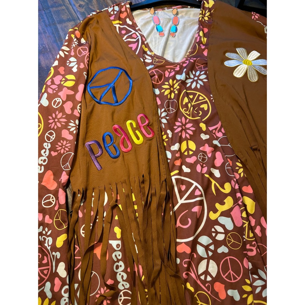 Hippie Costume‎ Dress Peace Sign Headband Earrings Plus Size 20/22 XXL Halloween - Picture 3 of 11